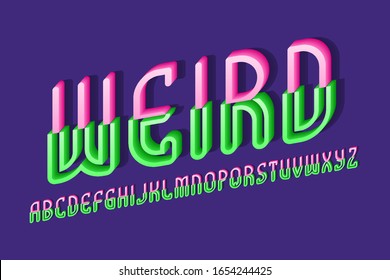 Volumetric weird alphabet of pink green letters of two parts. 3d display oblique font. Isolated english alphabet.