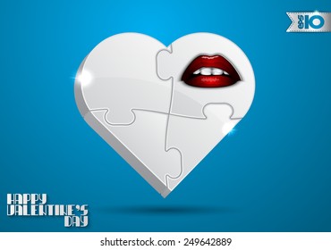 Volumetric white heart puzzle with red lips
