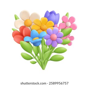 Volumetric wildflowers bouquet with foliage and blossom. Vector 3d style, isolated arrangement with tulips and chamomiles. Daisy flourishing design, detailed vegetation from meadow or field