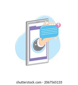 Voluminous 3D hand shows icon of online comment, message from smartphone. Chat. Correspondence, communication, discussion on Internet with notification.