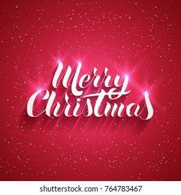 Voluminous, bright lettering in the popular style of "Merry Christmas". Effects of glow, shadows. Snowfall on a red background