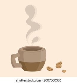 A voluminous cup of coffee. A brown wooden or ceramic mug with coffee beans. Light breakfast. Imitation of 3D volume on a beige background. Vector illustration for advertising coffee and coffee drinks
