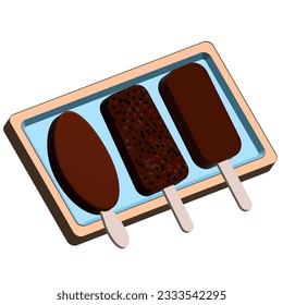 voluminous dark chocolate ice cream on a wooden stick lies on a blue rectangular plate, vector, isolate