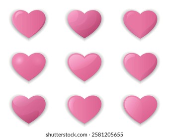 Voluminous hearts icon set. Valentines day design elements. Love and romantic symbols in trendy pink tone. Vector 3d images