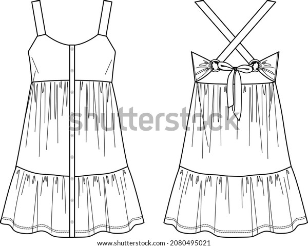 Voluminous mini dress, tired dress with frills\
vector sketch, flared dress fashion CAD, technical drawing, flat,\
mock up, template. Jersey or woven fabric dress with front, back\
view, white color