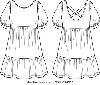 Voluminous mini dress, trendy dress with frills vector sketch, round neck dress fashion CAD, technical drawing, flat, mock up, template. Jersey or woven fabric dress with front, back view, white color