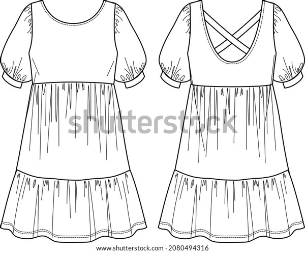 Voluminous mini dress, trendy dress with frills\
vector sketch, round neck dress fashion CAD, technical drawing,\
flat, mock up, template. Jersey or woven fabric dress with front,\
back view, white\
color