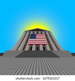 The voluminous monumental building with columns and with the American flag, rising to the top against the background of sunlight EPS10