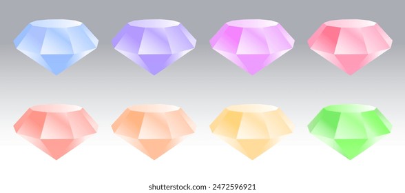 Voluminous multi-colored diamonds of light shades of color, arranged in 2 rows, precious stones. A set of multicolored diamonds on a light background. Vector illustration.