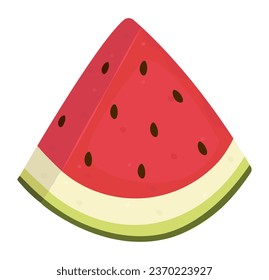 Voluminous piece of watermelon, cut slice of ripe juicy fruit, color vector illustration in red and green shades