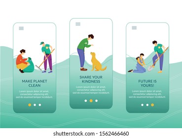 Voluntary activities onboarding mobile app screen vector template. Environment and animals protection walkthrough website steps with flat characters. UX, UI, GUI smartphone cartoon interface concept