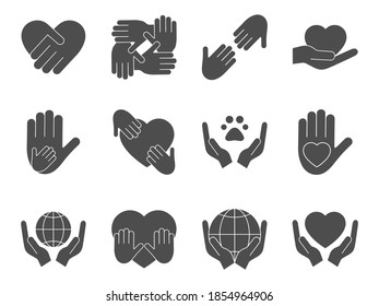 Voluntary, charity, donation black set icons. Vector stock illustration isolated on white background.