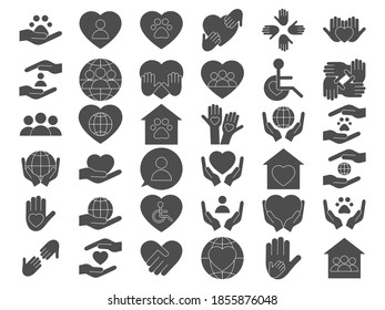 Voluntary, charity, donation black set icons. Vector stock illustration isolated on white background.