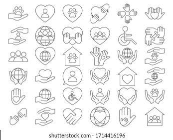 Iconos voluntarios, de caridad, de donaciones. Huérfanos y ayuda animal, actividad voluntaria, ilustración de la población vectorial del corazón aislada en fondo blanco.