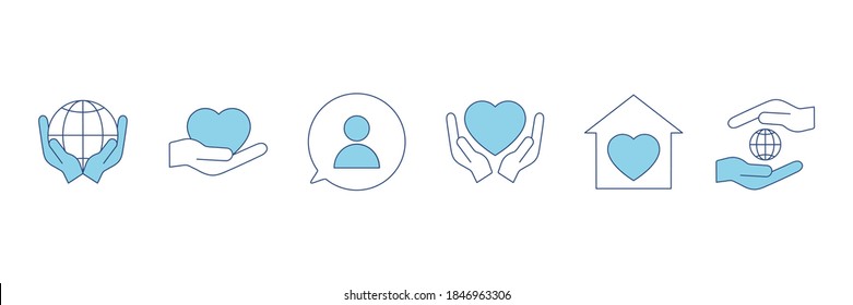 Voluntary, charity, donation set icons. Orphans and help, voluntary activity, heart in hands vector stock illustration isolated on white background.