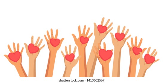 Voluntary and charity flat vector illustration. Volunteers, social workers holding hearts in palms. Group of people raising hands. Society unity, togetherness. Donation, social help for people in need