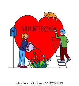 Ilustración vectorial de las personas benéficas voluntarias. El amor simbólico de la humanidad como trabajo en equipo social sin fines de lucro. Cuidados, amor y buen corazón concepto de apoyo comunitario. Contribución y voluntariado.