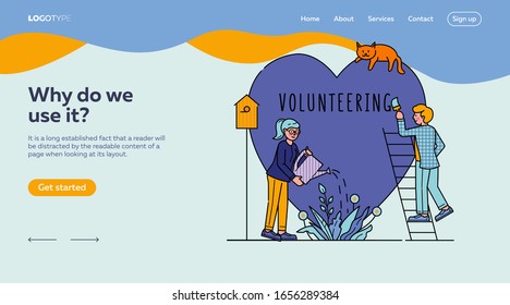 Ilustración vectorial de las personas benéficas voluntarias. El amor simbólico de la humanidad como trabajo en equipo social sin fines de lucro. Cuidados, amor y buen corazón concepto de apoyo comunitario. Contribución y voluntariado.