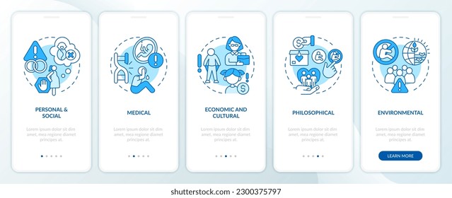 Voluntary childlessness reasons blue onboarding mobile app screen. Walkthrough 5 steps editable graphic instructions with linear concepts. UI, UX, GUI template. Myriad Pro-Bold, Regular fonts used