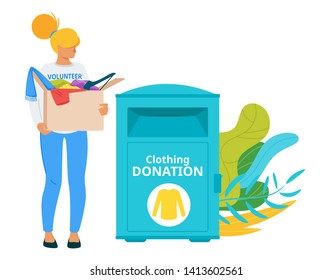 Voluntary clothing donation box flat vector illustration. Used garment sharing urban modern system. Homeless, poor, people in need social help. Female volunteer bringing second hand clothes