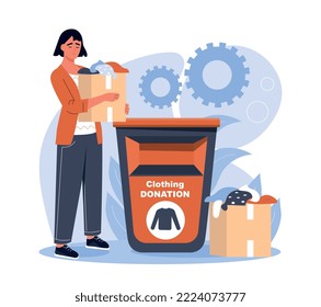 Voluntary clothing donation. Woman with box in her hands sends gifts to fund. Charity and generosity, love, care and support. Activist and volunteer. Poster or banner. Cartoon flat vector illustration