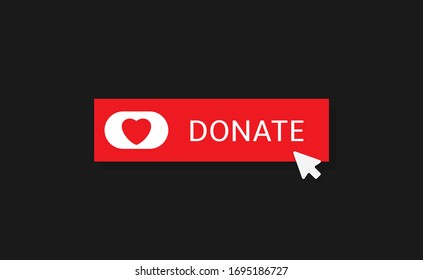 Voluntary and donation concept. Donate button icon. Red button with red heart symbol on black background