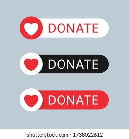 Voluntary and donation concept. Donate button icon set. White,black and red buttons with white and red heart symbol on grey background