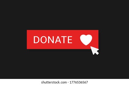 Concepto voluntario y de donación. Icono del botón Donar. Botón rojo con símbolo de corazón blanco sobre fondo negro
