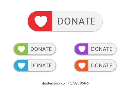 Voluntary and donation concept. Donate button icons. White buttons with various colored hearts symbol isolated