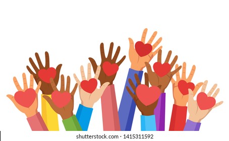 Voluntary and donation flat vector illustration. Volunteers, social workers holding hearts in palms. Children raising hands. Multiethnic society unity, togetherness. Charity, fostering, social help 