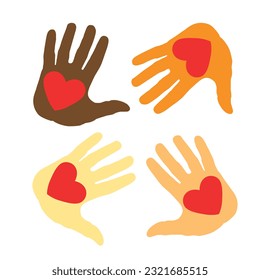 Voluntary and donation flat vector illustration. Volunteers, social workers holding hearts in palms. Children raising hands. Multiethnic society unity, togetherness. Charity, fostering, social help
