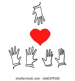 Voluntary and donation hand drawn vector illustration. Volunteers, social workers hearts and palms.raising hands. togetherness. Charity, fostering, social help doodle