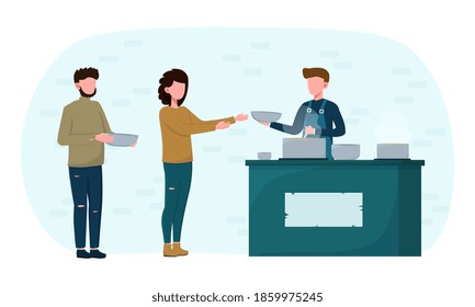 Voluntary and donation for homeless people. Concept of supporting bums by volunteers providing warm food. Flat cartoon vector illustration