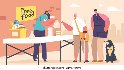 Voluntary Help to Bums in Shelter. Young Volunteers Feeding Poor Homeless People Giving Food to Beggars or Refugees on Street. Emergency Housing, Temporary Residence. Cartoon Vector Illustration