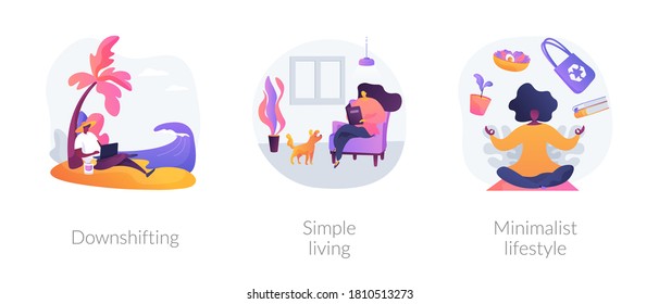 Voluntary lifestyle abstract concept vector illustration set. Downshifting, simple living, minimalist lifestyle, escape, find balance, reduce consumption and buying, low expenses abstract metaphor.