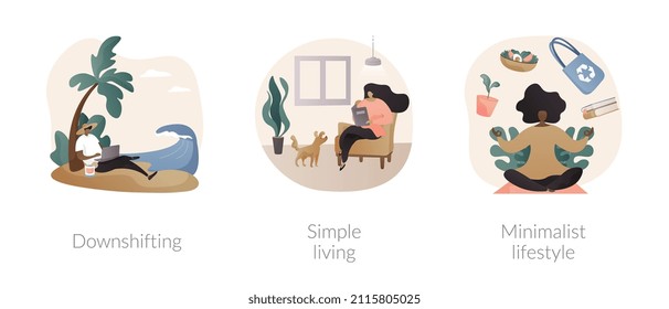 Conjunto de ilustraciones vectoriales abstractas de estilo de vida voluntario. Descentralización, vida simple, estilo de vida minimalista, escapatoria, búsqueda de equilibrio, reducción del consumo y compra, metáfora abstracta de bajos gastos.