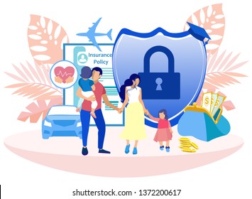 Voluntary Medical Insurance Programs Cartoon. Medical Life And Health Insurance For Parents And Children. Cost Savings For Whole Family Insurance Program. Vector Illustration On White Background.