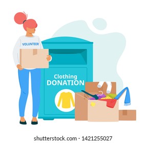 Voluntary organization, charity vector illustration. Female volunteer bringing garment to clothing donation box. Homeless, poor, people in need social help. Cardboard box with belongings