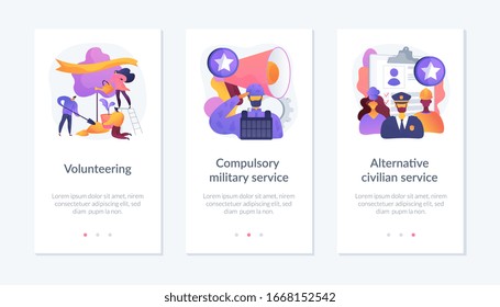 Voluntary Work, Country Protection, Employment Industry Icons Set. Volunteering, Compulsory Military Service, Alternative Civilian Service Metaphors. Mobile App UI Interface Wireframe Template.