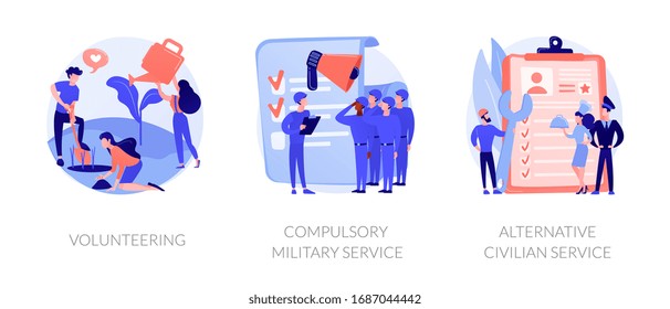 Voluntary work, country protection, employment industry icons set. Volunteering, compulsory military service, alternative civilian service metaphors. Vector isolated concept metaphor illustrations