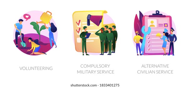 Voluntary work, country protection, employment industry icons set. Volunteering, compulsory military service, alternative civilian service metaphors. Vector isolated concept metaphor illustrations