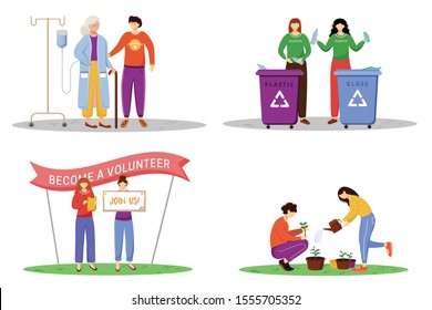 Voluntary works flat vector illustrations set. Young philanthropists, activists isolated cartoon characters. Elderly nursing, waste management, public volunteers agitation and trees planting