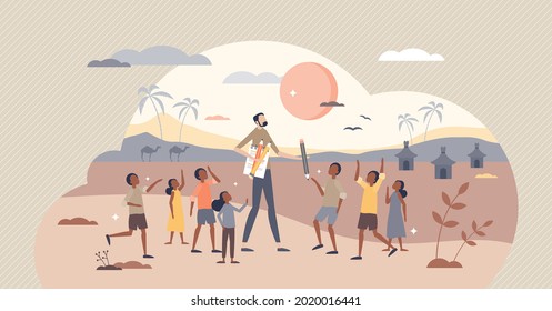 Volunteer abroad and social human care project mission tiny person concept. Poverty and lack of education fight with community support and charity support vector illustration. Global responsibility.