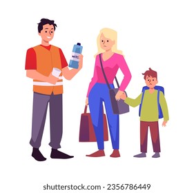 Volunteer activist giving water to the needy woman with child. Charity for homeless. Cartoon humanitarian help and support for sufferer people. Vector illustration isolated on white background