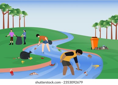 Volunteer or activist picking up garbage from river, Environmental clean up program, environmental awareness, plastic garbage 