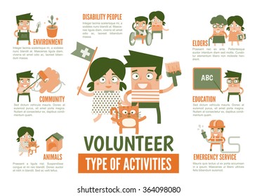 Volunteer activities for teen and young people social help cartoon infographics
