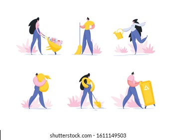 Volunteer activity, city park cleaning flat vector illustrations set. Social project, garbage collecting, territory cleaning. Volunteers with agricultural implements isolated cartoon characters