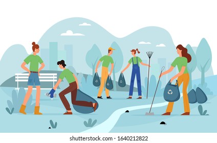 Volunteer activity, city park garbage collection vector illustration. Volunteers, young people with broom and garbage bags flat characters. Environmental cleanup, volunteering concept