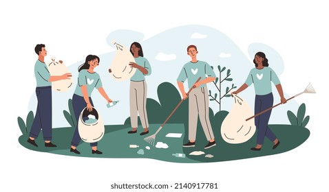 Volunteer activity concept. Men and girls with nets collect garbage. Characters in garden, reducing emission of harmful expenses. People takes care of planet. Cartoon flat vector illustration