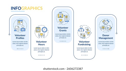 Volunteer activity tracking rectangle infographic vector. Charity events conducting. Donation. Data visualization with 5 steps. Editable rectangular options chart